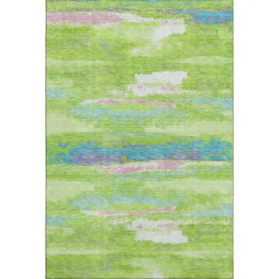 Lime Green Blue And Pink Abstract Washable Area Rug With UV Protection Photo 1