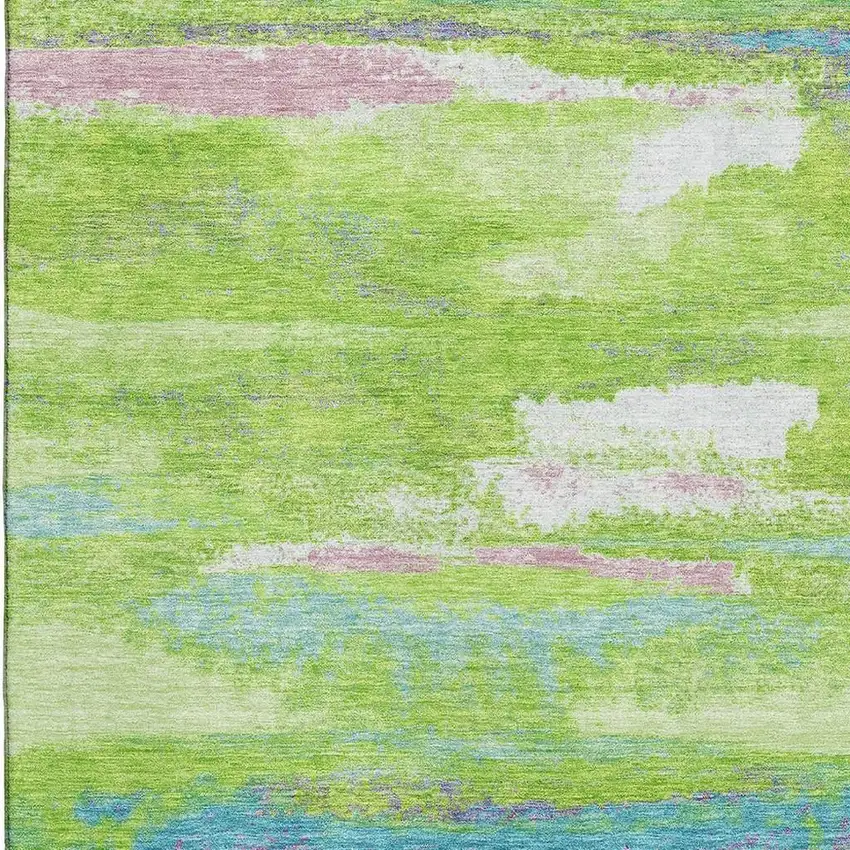 Lime Green Blue And Pink Abstract Washable Area Rug With UV Protection Photo 2