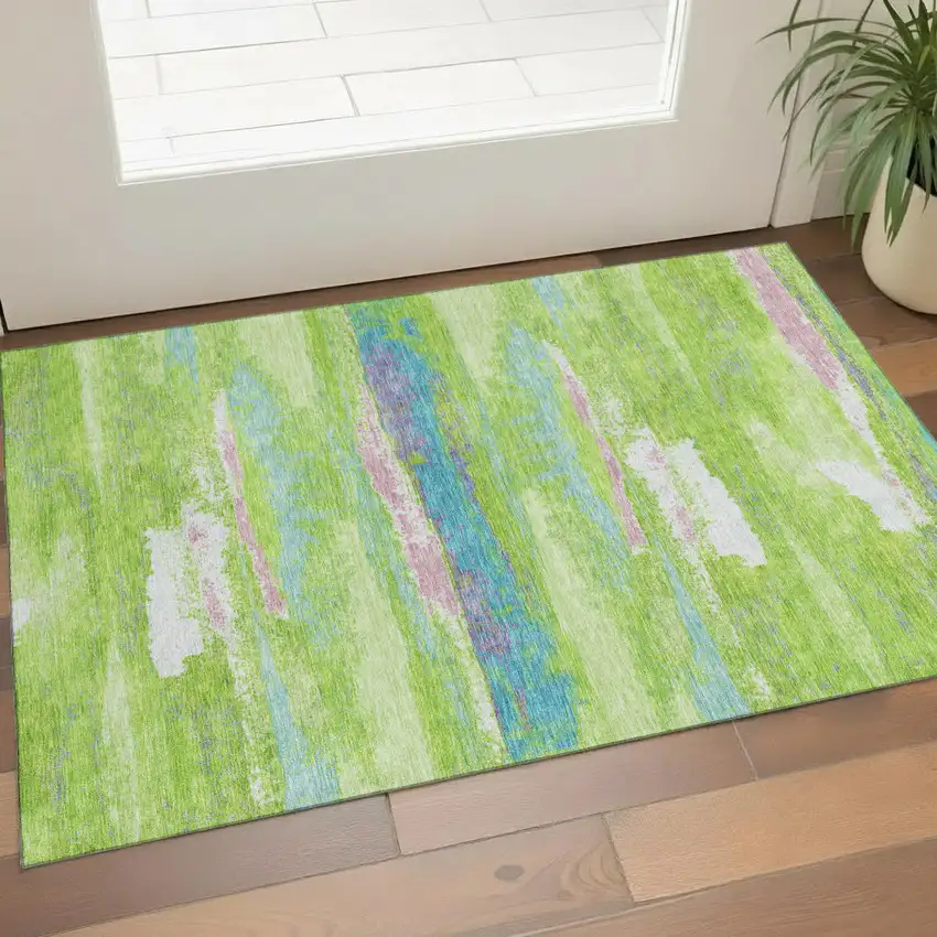 Lime Green Blue And Pink Abstract Washable Area Rug With UV Protection Photo 1