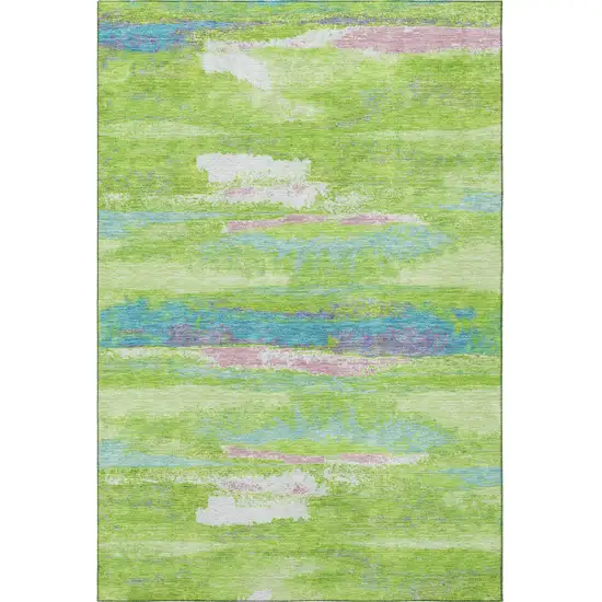 Lime Green Blue And Pink Abstract Washable Area Rug With UV Protection Photo 2