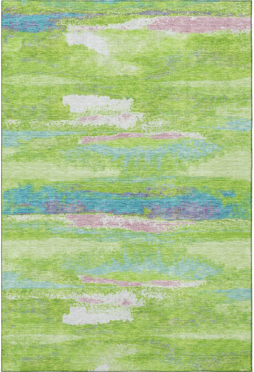 Lime Green Blue And Pink Abstract Washable Area Rug With UV Protection Photo 2