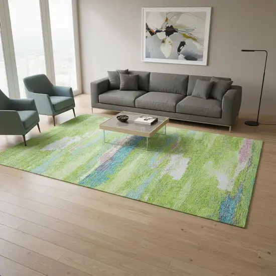 Lime Green Blue And Pink Abstract Washable Area Rug With UV Protection Photo 2