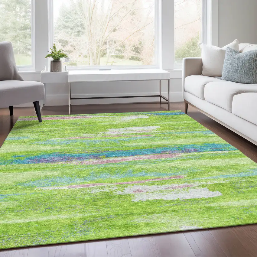Lime Green Blue And Pink Abstract Washable Area Rug With UV Protection Photo 4