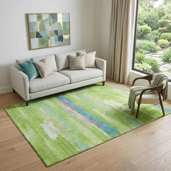 Lime Green Blue And Pink Abstract Washable Area Rug With UV Protection Photo 1