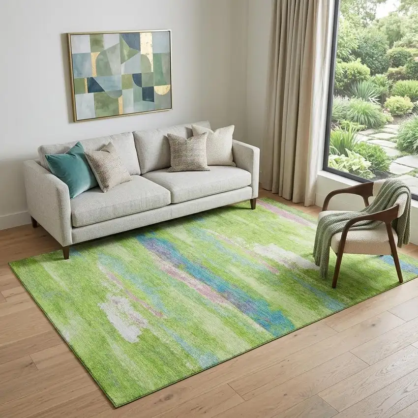 Lime Green Blue And Pink Abstract Washable Area Rug With UV Protection Photo 1