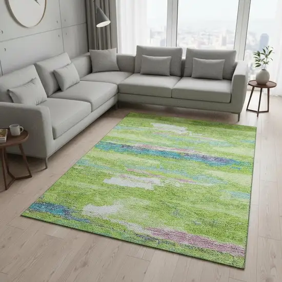 Lime Green Blue And Pink Abstract Washable Area Rug With UV Protection Photo 2