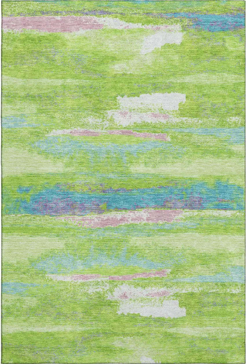 Lime Green Blue And Pink Abstract Washable Area Rug With UV Protection Photo 1