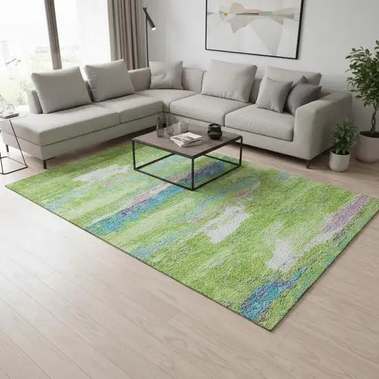 Lime Green Blue And Pink Abstract Washable Area Rug With UV Protection Photo 2