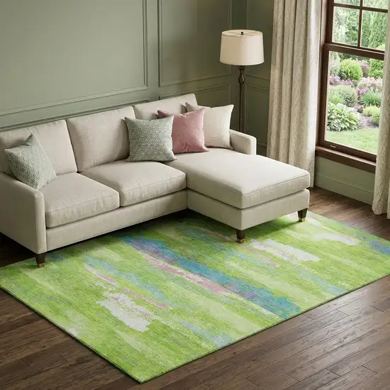 Lime Green Blue And Pink Abstract Washable Area Rug With UV Protection Photo 1