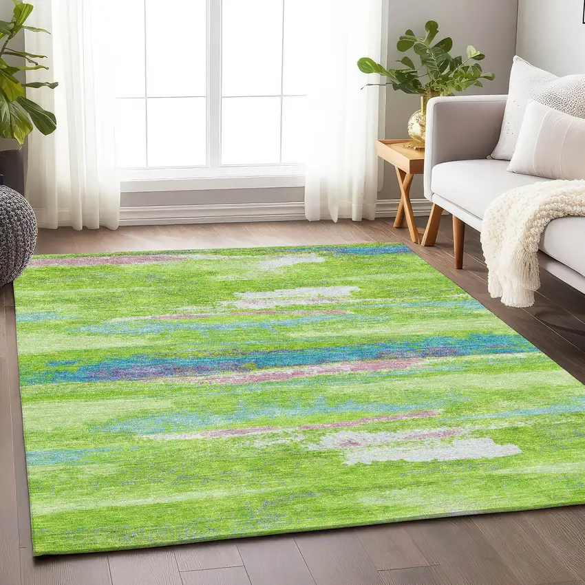 Lime Green Blue And Pink Abstract Washable Area Rug With UV Protection Photo 4