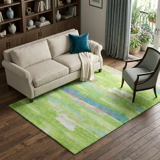 Lime Green Blue And Pink Abstract Washable Area Rug With UV Protection Photo 1