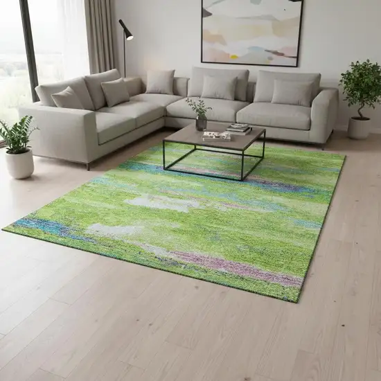 Lime Green Blue And Pink Abstract Washable Area Rug With UV Protection Photo 2