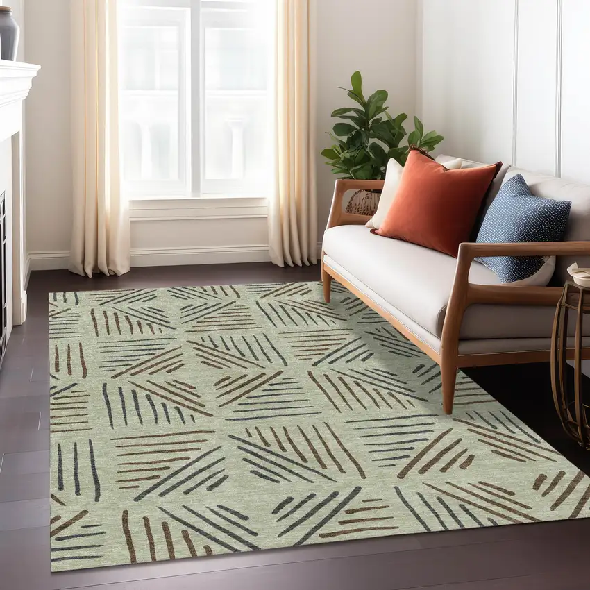 Lime Green Brown And Gray Geometric Washable Indoor Outdoor Area Rug Photo 6