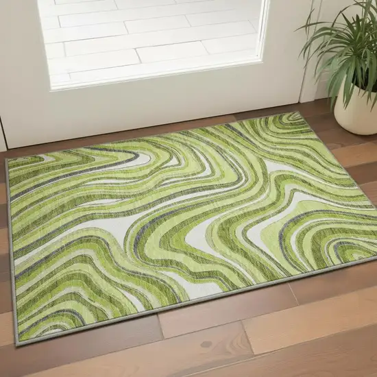 Lime Green Charcoal And Ivory Marble Washable Area Rug With UV Protection Photo 2