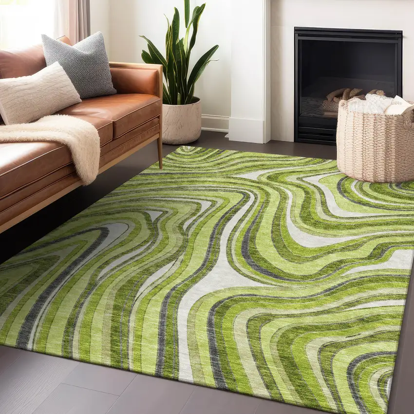 Lime Green Charcoal And Ivory Marble Washable Area Rug With UV Protection Photo 5