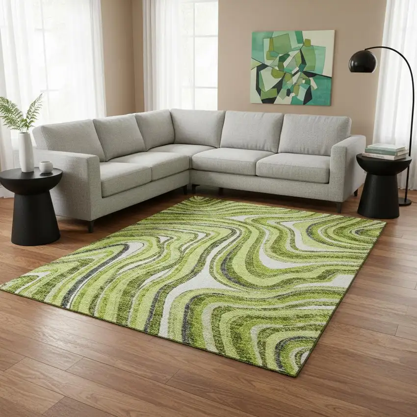 Lime Green Charcoal And Ivory Marble Washable Area Rug With UV Protection Photo 2