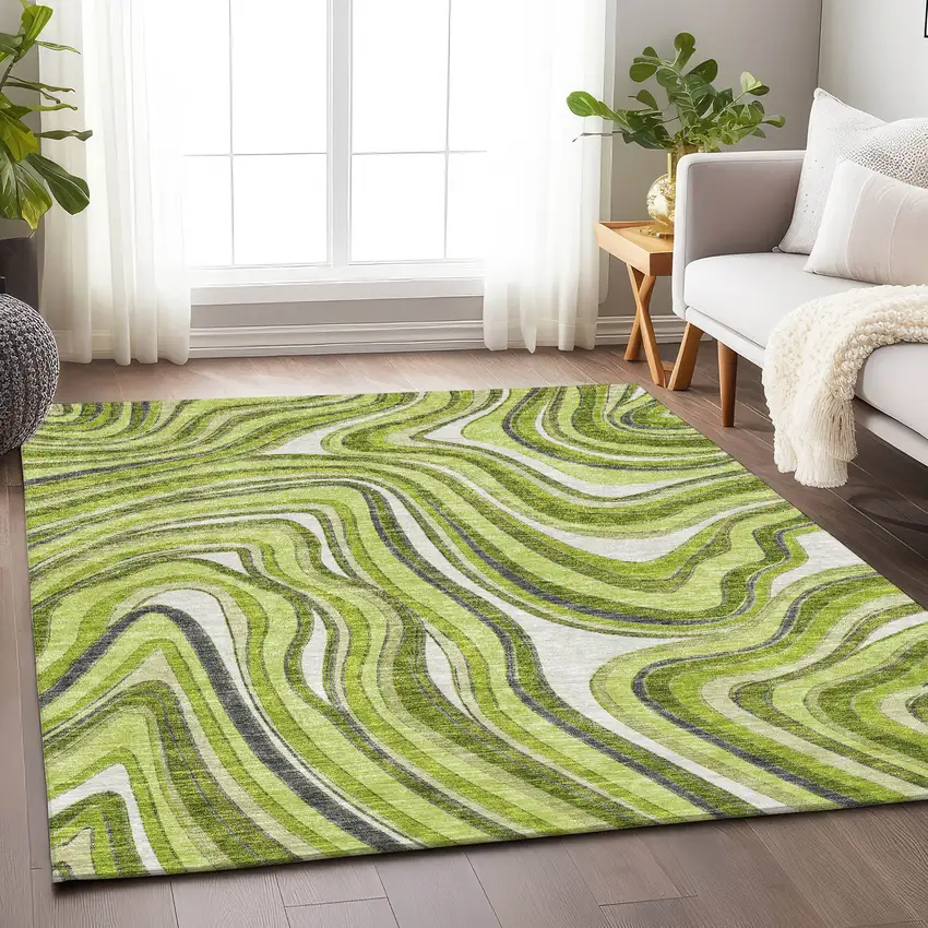 Lime Green Charcoal And Ivory Marble Washable Area Rug With UV Protection Photo 5