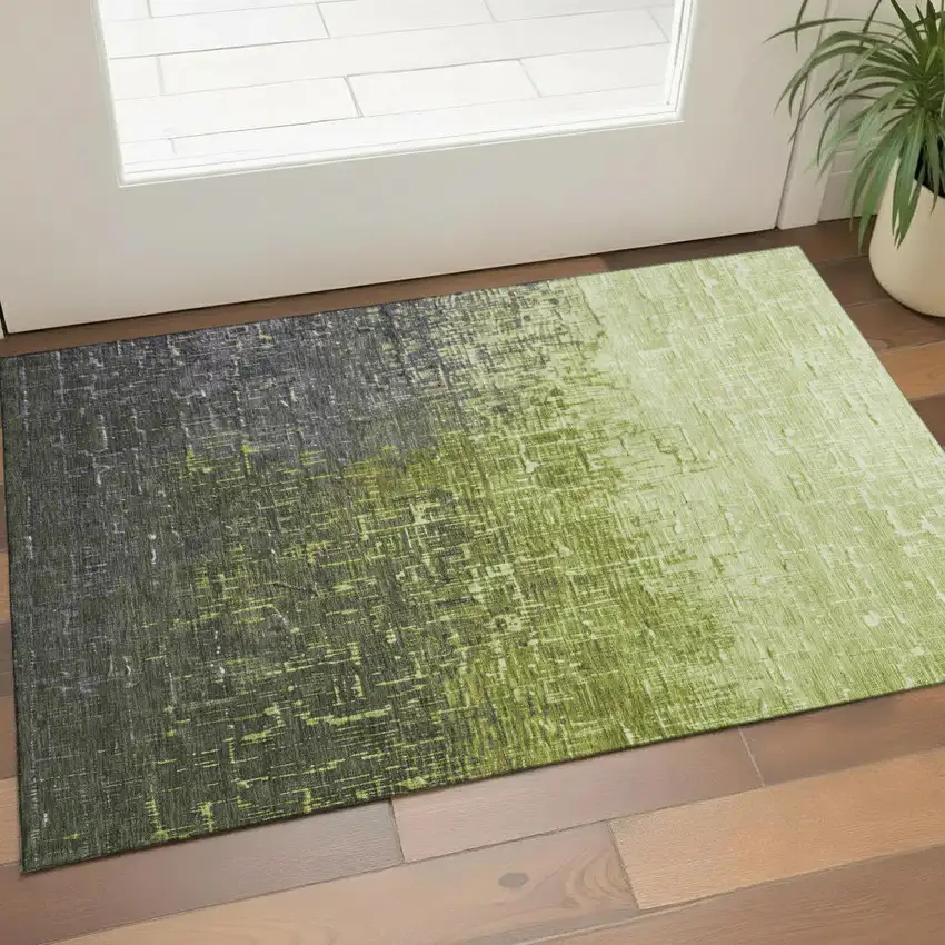 Lime Green Gray And Charcoal Ombre Washable Area Rug With UV Protection Photo 1