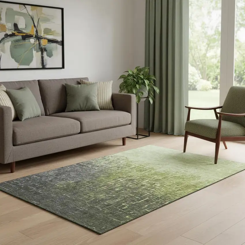 Lime Green Gray And Charcoal Ombre Washable Area Rug With UV Protection Photo 2