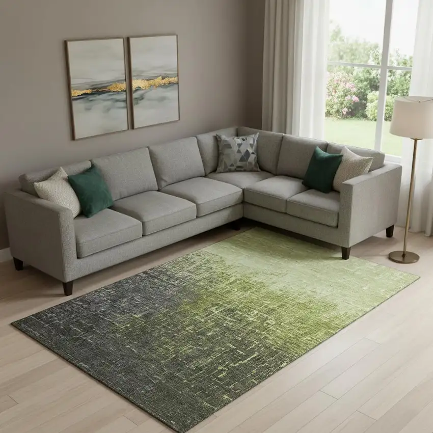 Lime Green Gray And Charcoal Ombre Washable Area Rug With UV Protection Photo 2