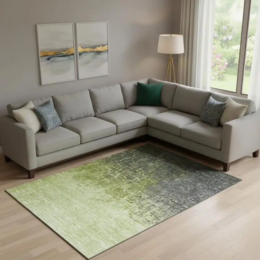 Lime Green Gray And Charcoal Ombre Washable Area Rug With UV Protection Photo 2