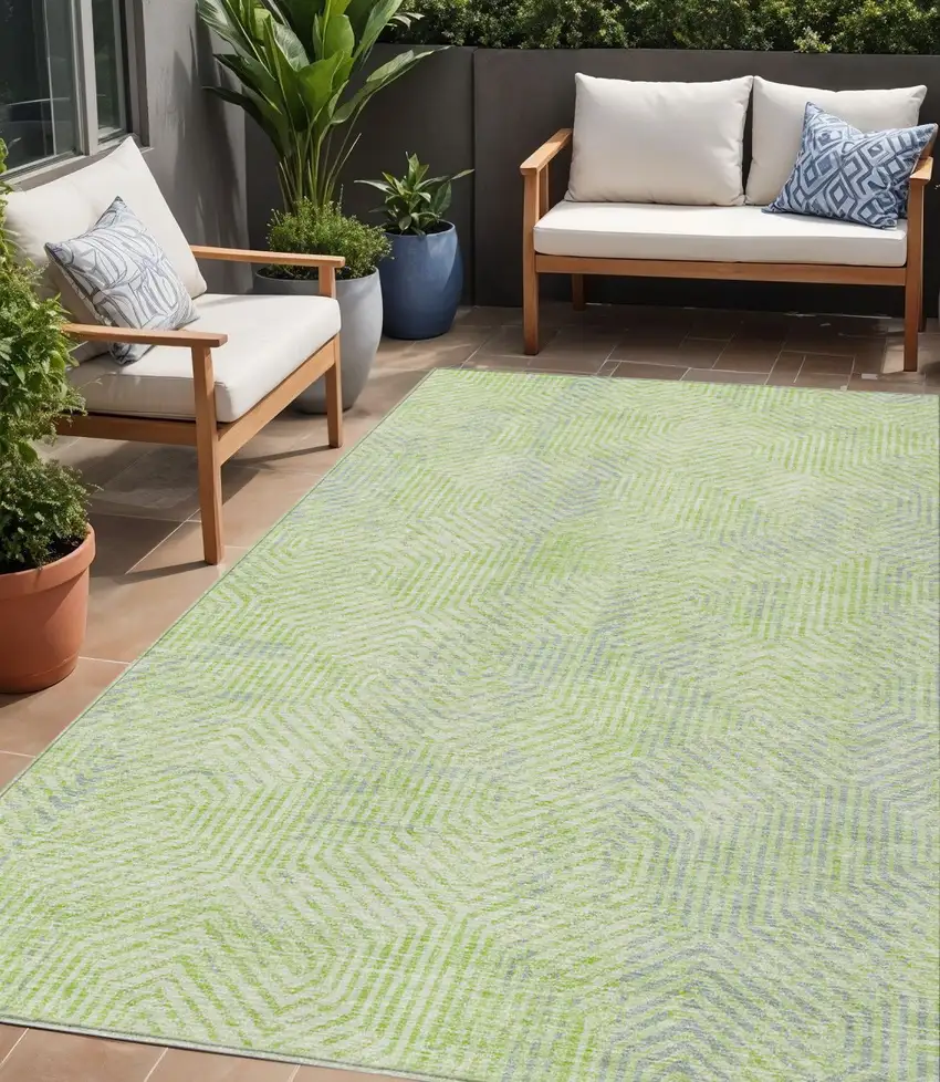 Lime Green Gray And Ivory Geometric Washable Indoor Outdoor Area Rug Photo 1