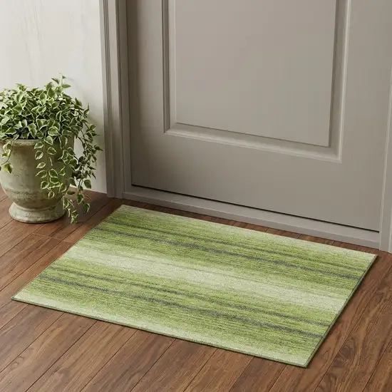Lime Green Gray And Ivory Striped Washable Area Rug With UV Protection Photo 1