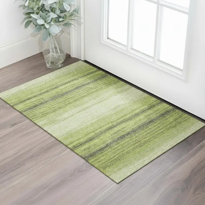 Lime Green Gray And Ivory Striped Washable Area Rug With UV Protection Photo 2