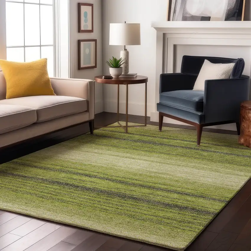Lime Green Gray And Ivory Striped Washable Area Rug With UV Protection Photo 4