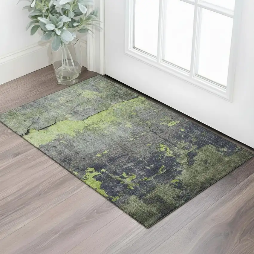 Lime Green Gray And Silver Abstract Washable Area Rug With UV Protection Photo 2