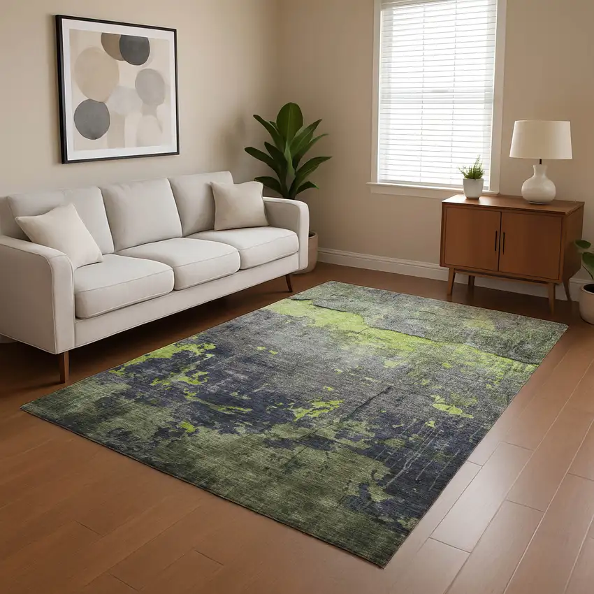 Lime Green Gray And Silver Abstract Washable Area Rug With UV Protection Photo 5