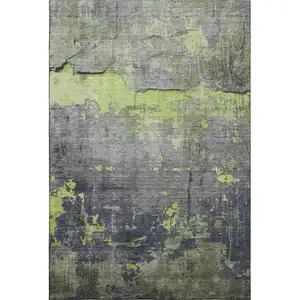 Photo of Lime Green Gray And Silver Abstract Washable Area Rug With UV Protection