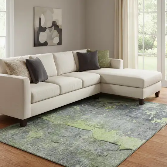 Lime Green Gray And Silver Abstract Washable Area Rug With UV Protection Photo 2