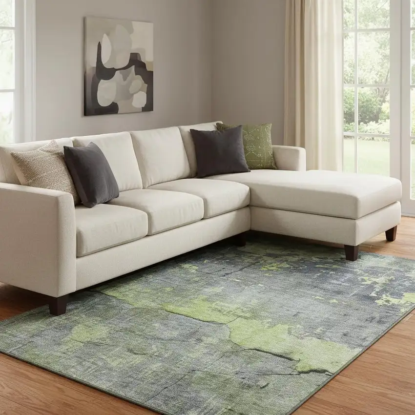 Lime Green Gray And Silver Abstract Washable Area Rug With UV Protection Photo 2