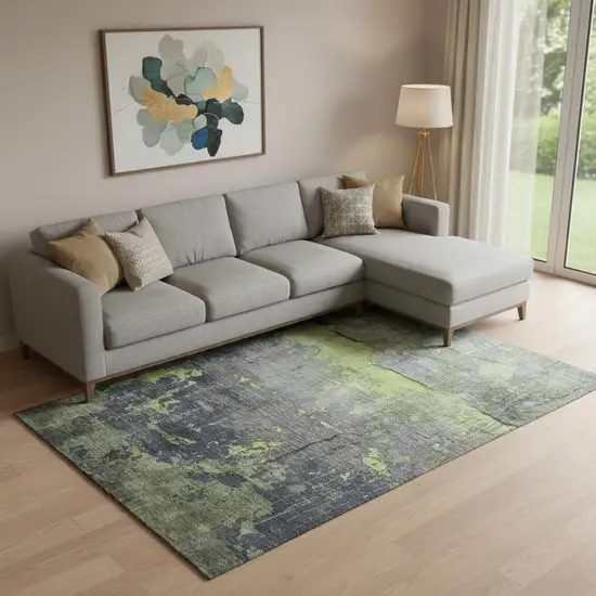 Lime Green Gray And Silver Abstract Washable Area Rug With UV Protection Photo 2