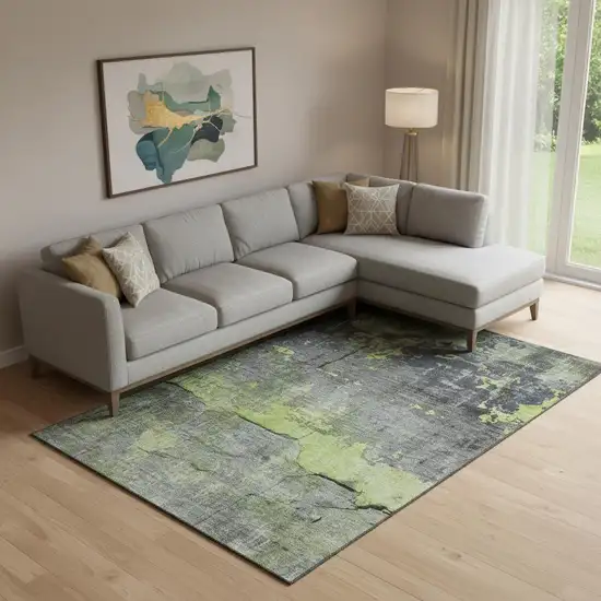 Lime Green Gray And Silver Abstract Washable Area Rug With UV Protection Photo 2