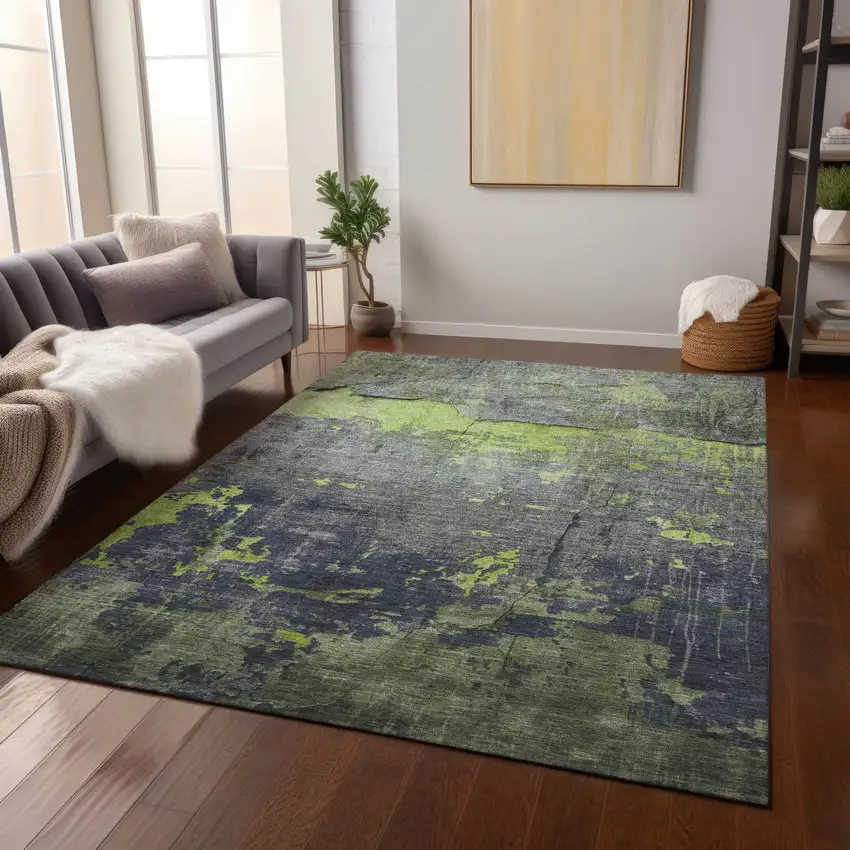 Lime Green Gray And Silver Abstract Washable Indoor Outdoor Area Rug Photo 7