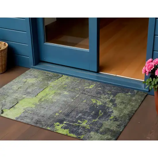 Lime Green Gray And Silver Abstract Washable Indoor Outdoor Area Rug Photo 2