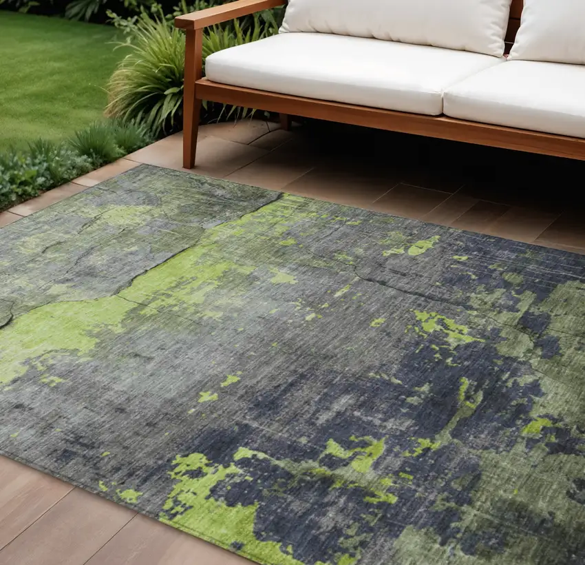 Lime Green Gray And Silver Abstract Washable Indoor Outdoor Area Rug Photo 2