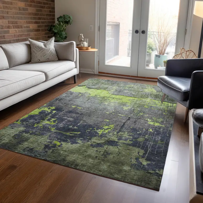 Lime Green Gray And Silver Abstract Washable Indoor Outdoor Area Rug Photo 6