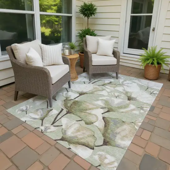 Lime Green Ivory And Beige Botanical Leaves Washable Indoor Outdoor Area Rug Photo 2