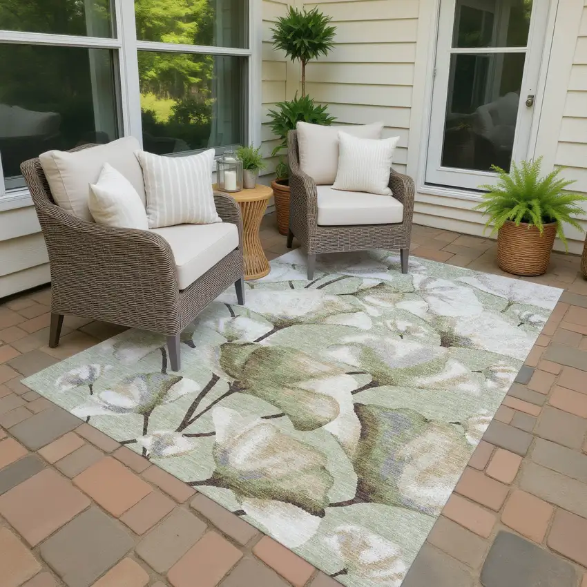 Lime Green Ivory And Beige Botanical Leaves Washable Indoor Outdoor Area Rug Photo 2