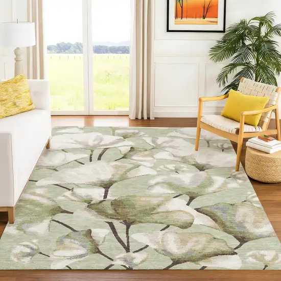 Lime Green Ivory And Beige Botanical Leaves Washable Indoor Outdoor Area Rug Photo 4