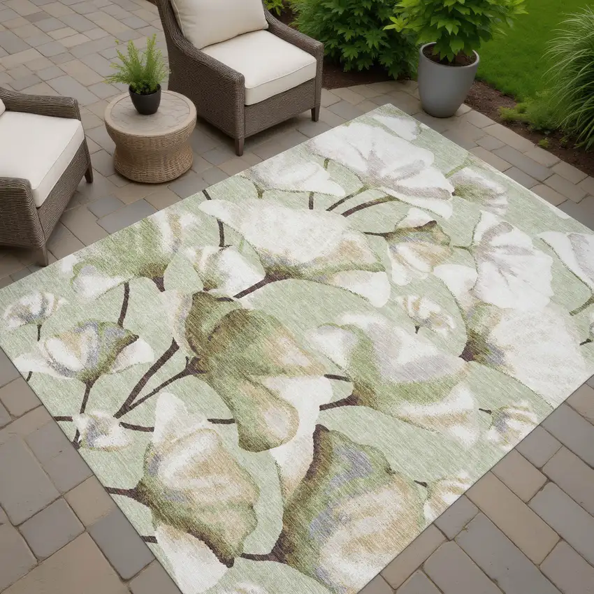 Lime Green Ivory And Beige Botanical Leaves Washable Indoor Outdoor Area Rug Photo 6