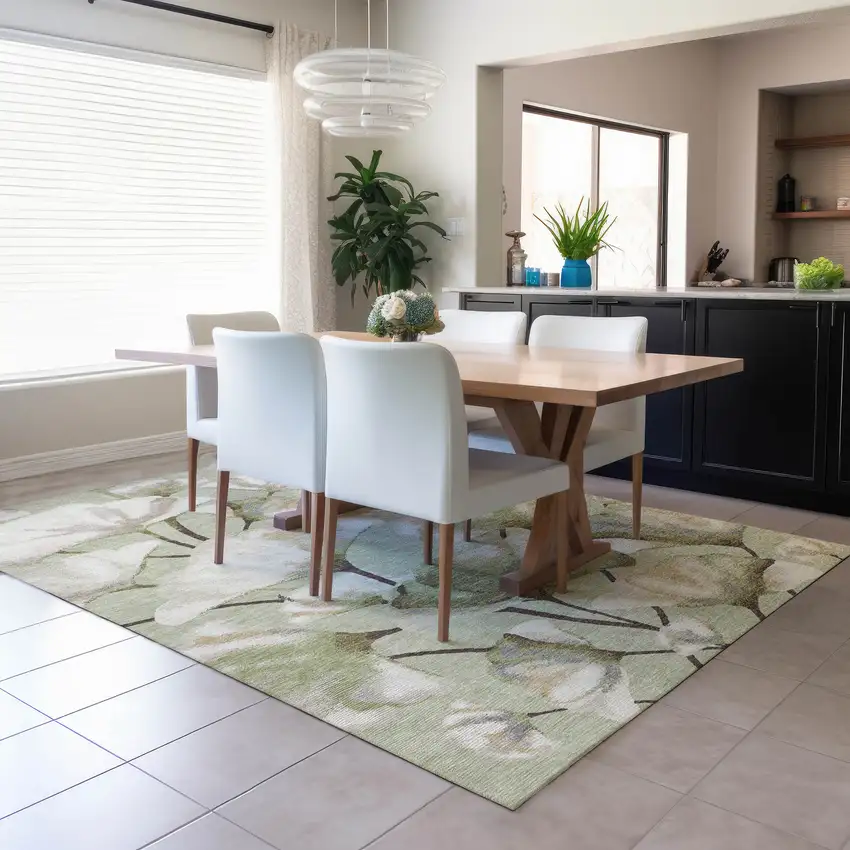 Lime Green Ivory And Beige Botanical Leaves Washable Indoor Outdoor Area Rug Photo 5