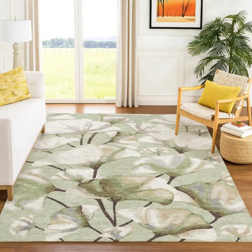 Lime Green Ivory And Beige Botanical Leaves Washable Indoor Outdoor Area Rug Photo 3