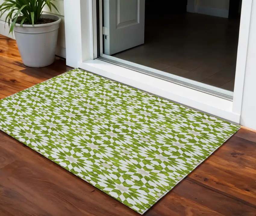 Lime Green Ivory And Beige Floral Medallion Washable Indoor Outdoor Area Rug Photo 1