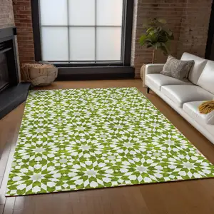Photo of Lime Green Ivory And Beige Floral Medallion Washable Indoor Outdoor Area Rug