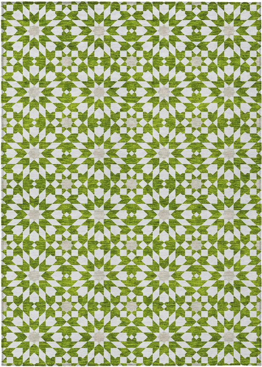 Lime Green Ivory And Beige Floral Medallion Washable Indoor Outdoor Area Rug Photo 1