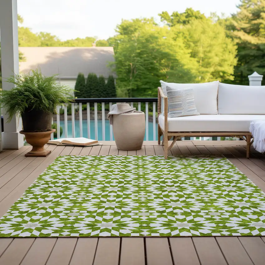 Lime Green Ivory And Beige Floral Medallion Washable Indoor Outdoor Area Rug Photo 9